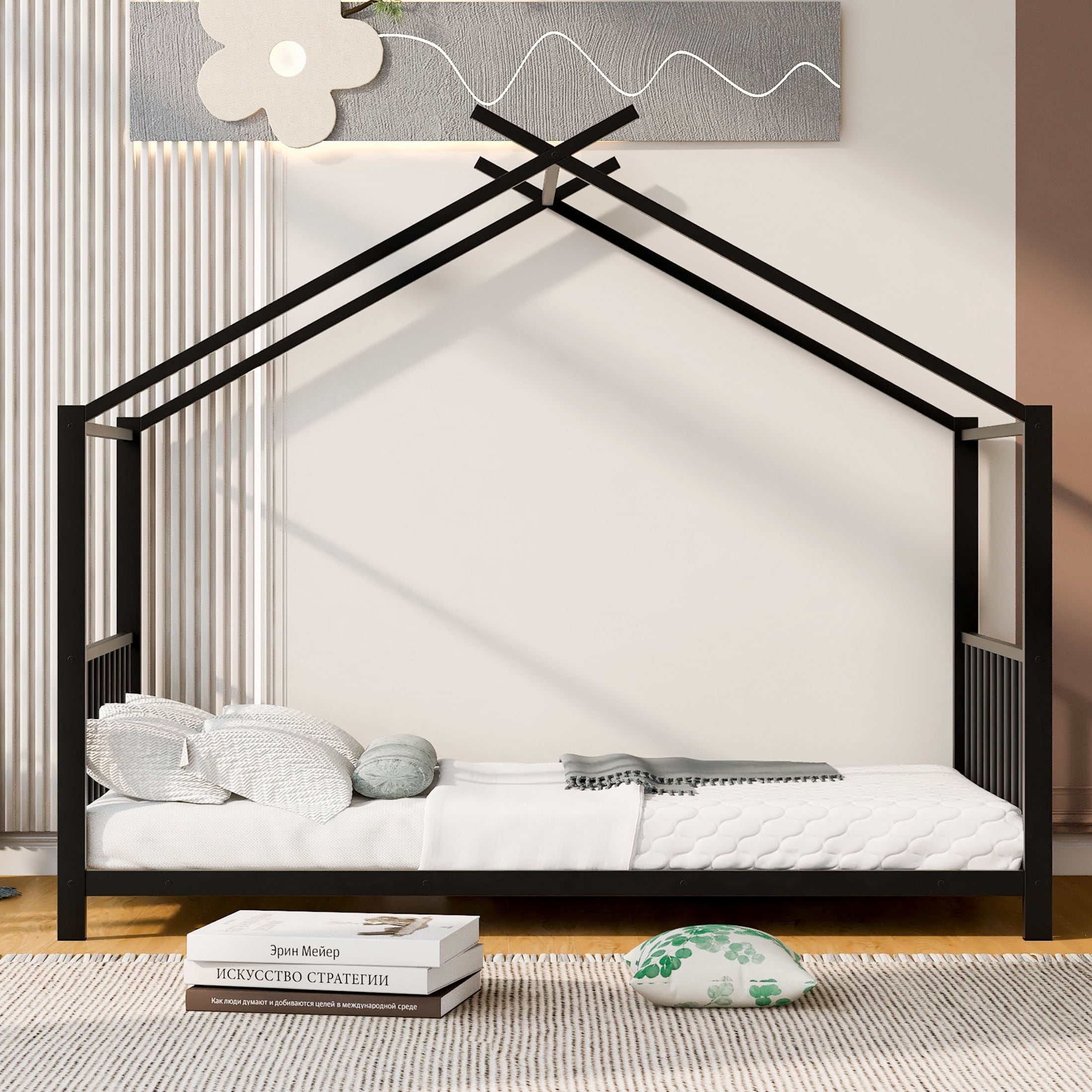 Noble House Ella Twin Metal House Bed, Modern Minimalist Playhouse Bed Frame with Wood Slats, for Kids, Black