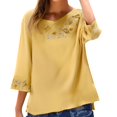 thumbnail image 2 of Women's Short Sleeve T-shirt 3/4 Sleeve Linen Shirts For Women 2025 Cotton Summer Retro Embroidered Boho Tops Casual Trendy Vacation Blouse,Yellow Women's Short sleeve T-shirt XXL, 2 of 6