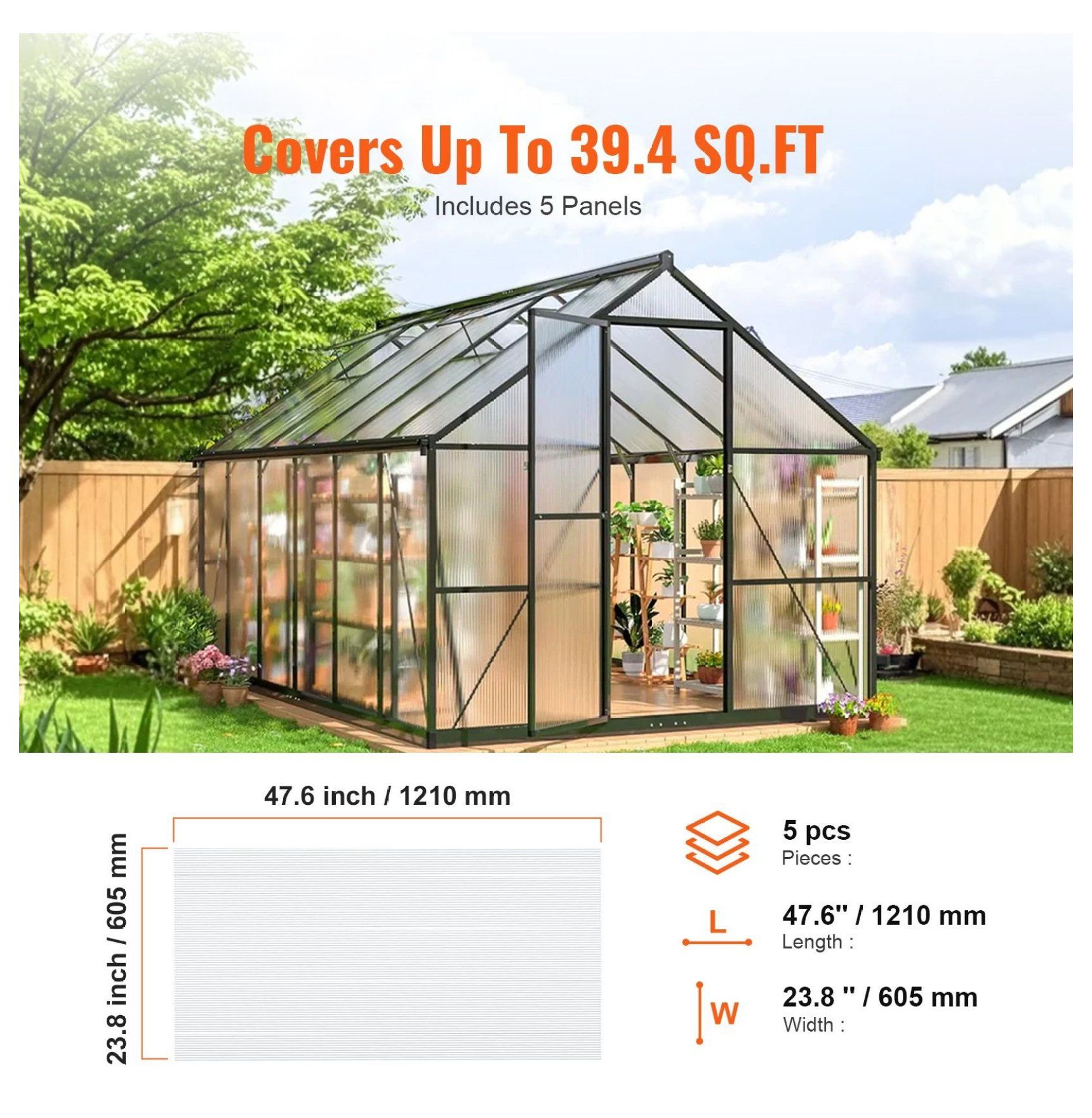 Polycarbonate Greenhouse Panels 5 Pack, 2'x4'x0.32'' - UV Protection, Waterproof Roofing Sheets for Greenhouse, Garden, Clear Corrugated Plastic