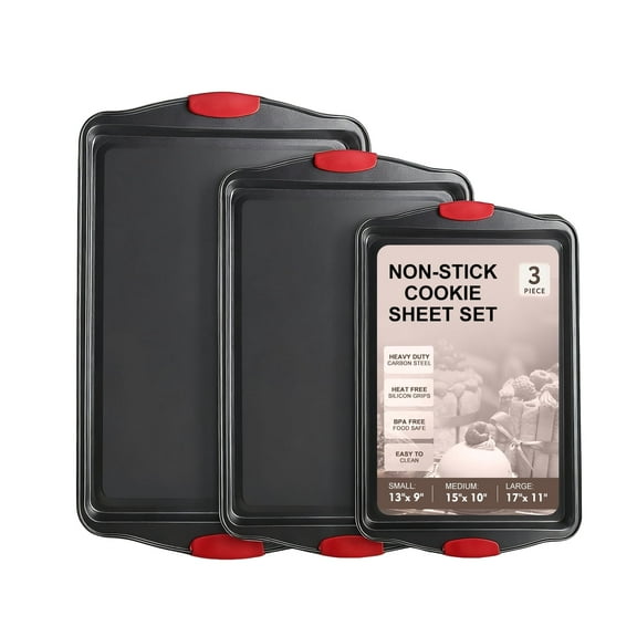SPORTS JOY Cookie Sheet Set (9"x13", 10"x15", 11"x17"), Carbon Steel Baking Pan Set with Silicone Grip, Non-stick Baking Sheets Set for Oven, Dishwasher Safe, 3Pcs