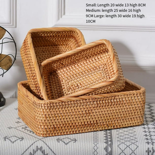 Cesta de mimbre tejida a mano para frutas, té, meriendas, pan, caja de almacenamiento rectangular para cosméticos, suministros de cocina para el hogar S
