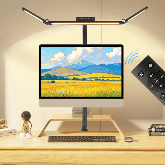 Large LED Desk Lamp with Clamp, 24W Double Head Desk Light, Stepless Dimmable Swing Arm Office Lamp with Remote for Home Office, Study