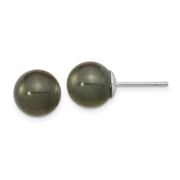 14k White Gold 10-11mm Black Round Tahitian Saltwater Cultured Pearl Post Earrings XF328E