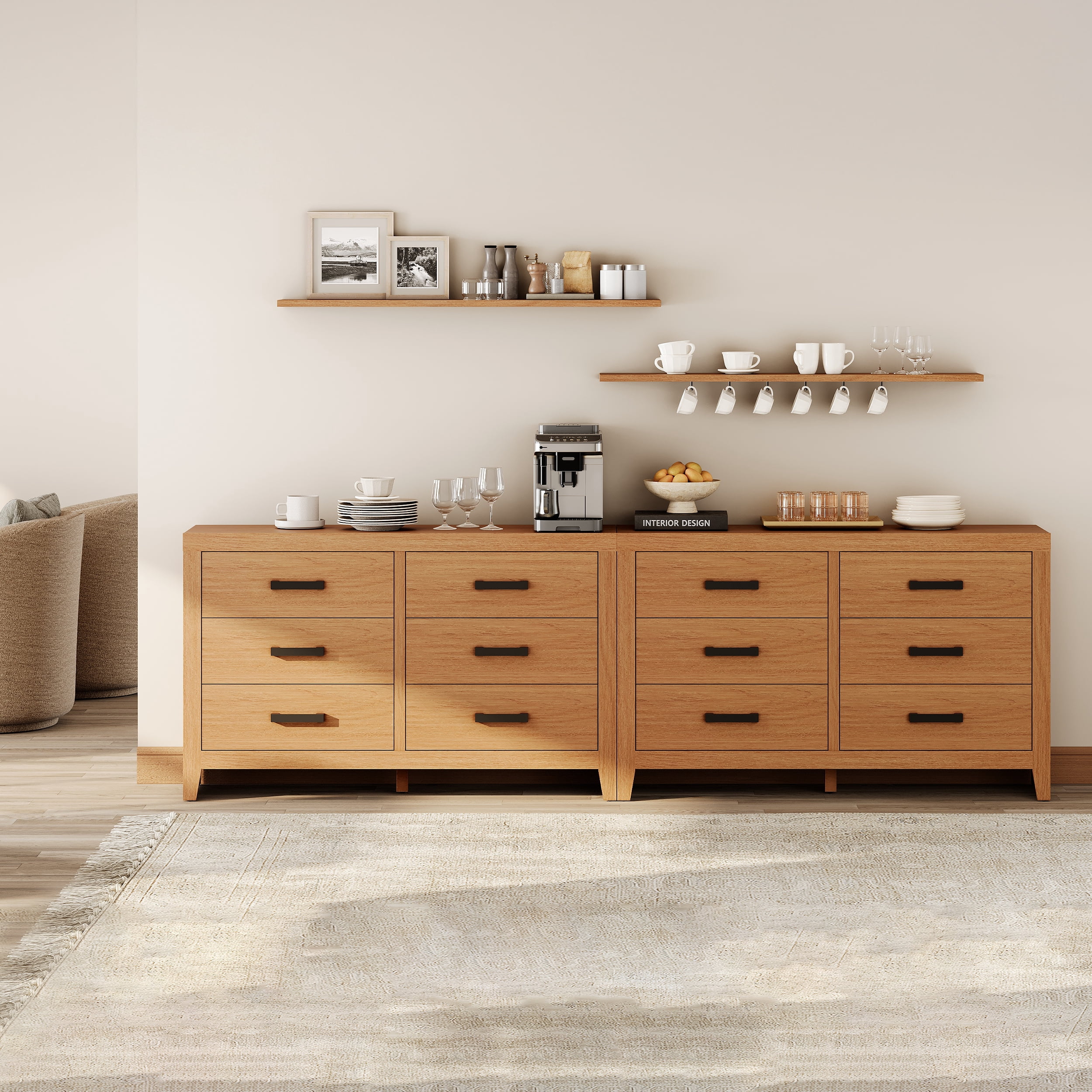 WAMPAT Farmhouse Wooden Sideboard with 12 Drawers, 106 Inch Wide Rustic Storage Sideboard Cabinet, Multi-Functional Buffet Cabinet for Living Room, Dinning Room, Beige