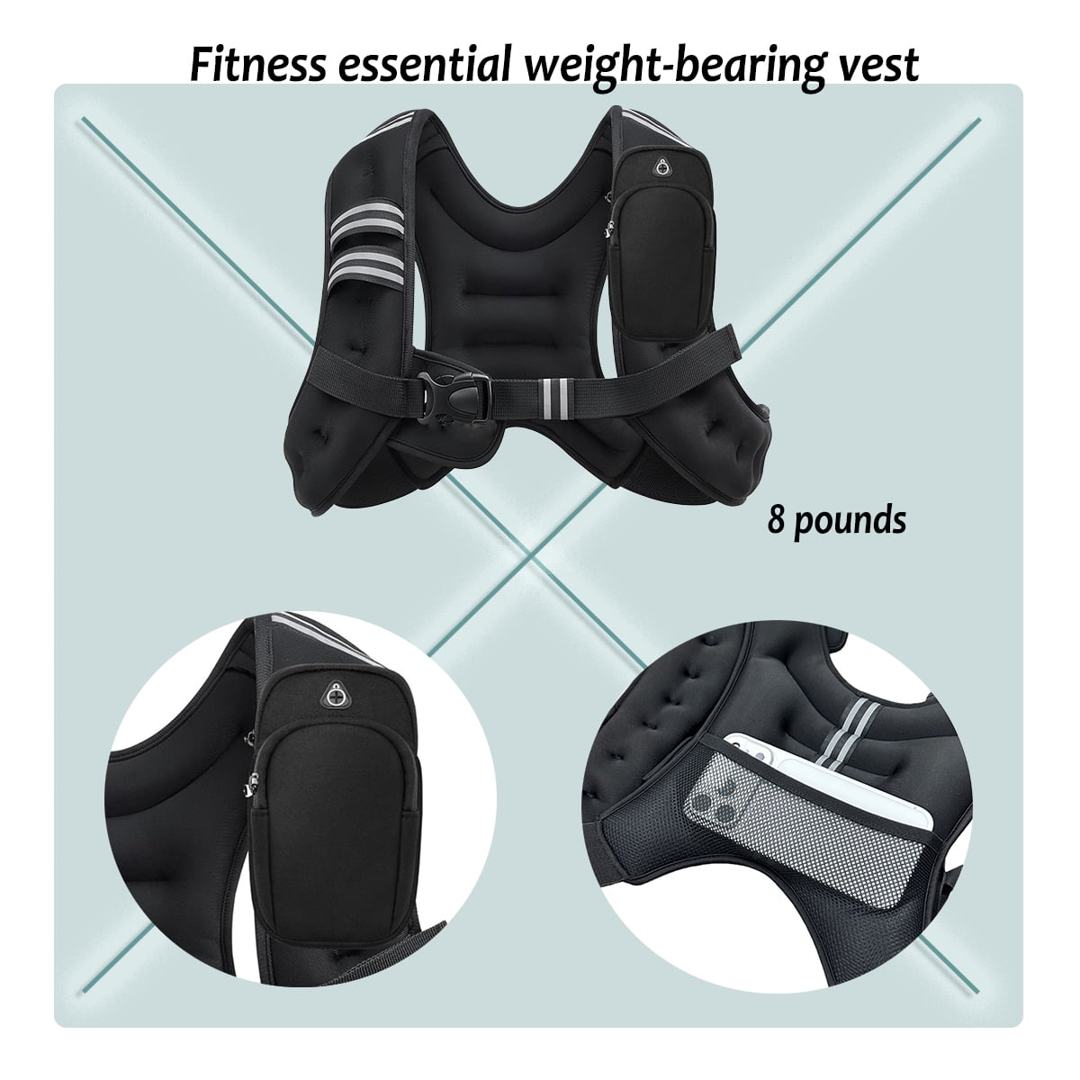 8 Pound Adjustable Straps, Breathable Mesh Polyester Fiber Waistcoat Pattern Black Weighted Vests, 10.6 x 8.3 x 3.3 Inches