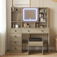 thumbnail image 5 of Zimtown 47" Vanity Desk with Charging Station, Makeup Table with 5 Drawers, Built-in Storage Shelves and 3 Color Lights, Dressing Table Set, Brown, 5 of 12
