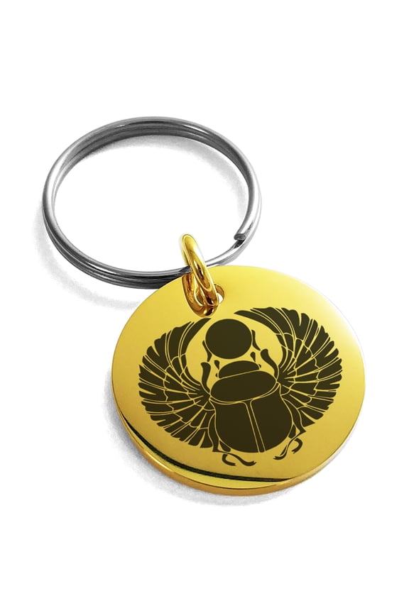 Stainless Steel Scarab Beetle Rising Sun Engraved Small Medallion Circle Charm Keychain Keyring