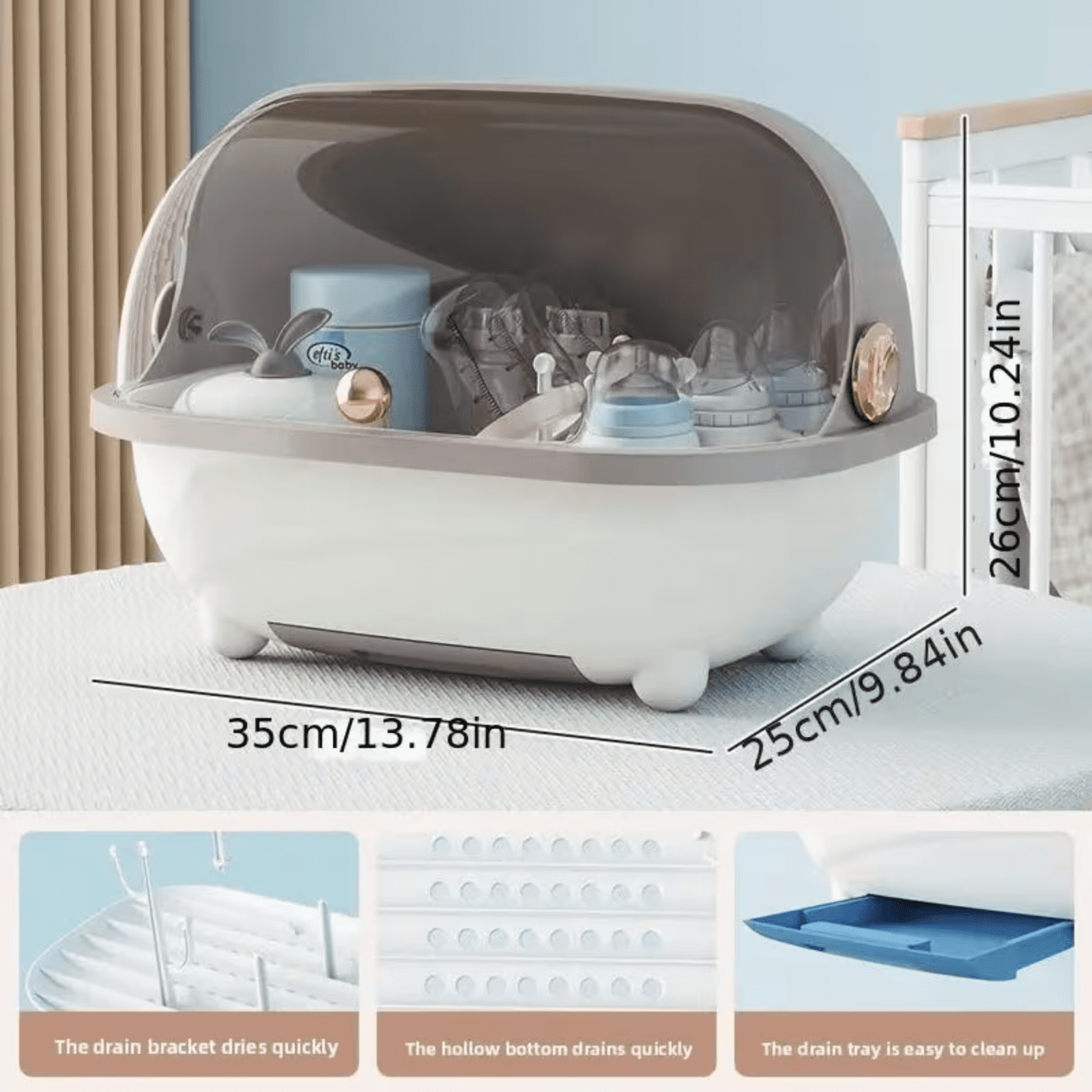 Soluxeo Baby Bottle Drying Rack Storage, Baby Bottle Organizer with Cover ＆ Removable Drain Tray, Dustproof Portable Kitchen Cabinet Organizer, Countertop Dryer