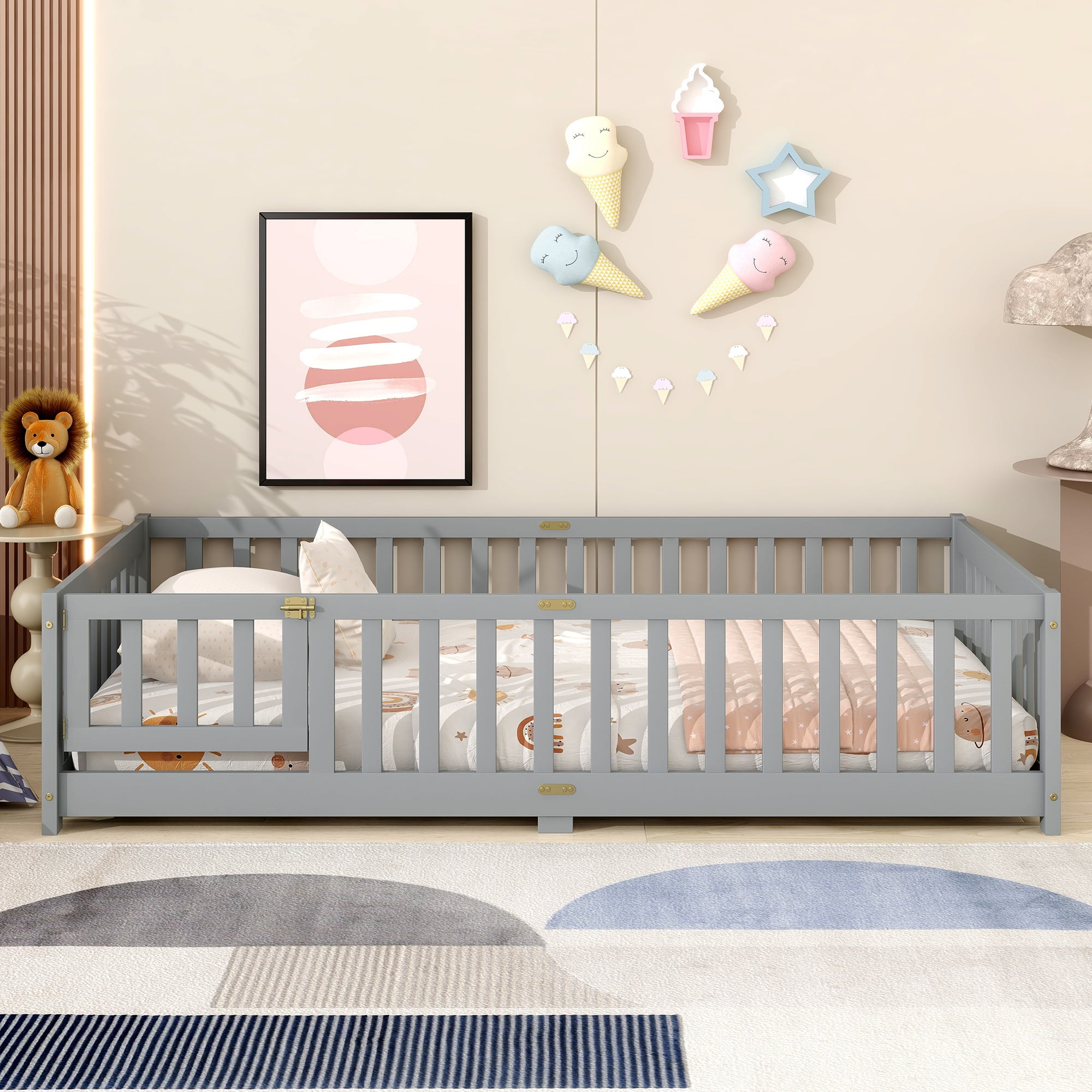 Twin Size Kids Toddler Floor Bed with Door and Fence, UHOMEPRO Montessori Floor Bed with Slats and Safety Guardrails, Solid Wood Twin Bed Frame for Bedroom, Gray