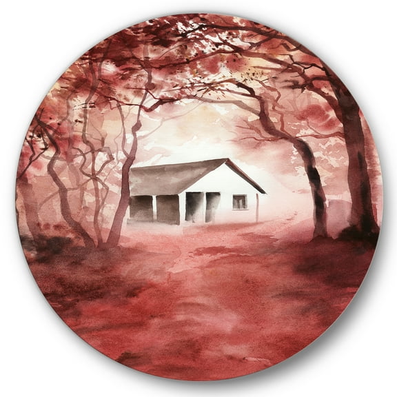 Designart 'Red Autumn Woods and A House in Wild' Cabin & Lodge Circle Metal Wall Art 36x36 - Disc of 36