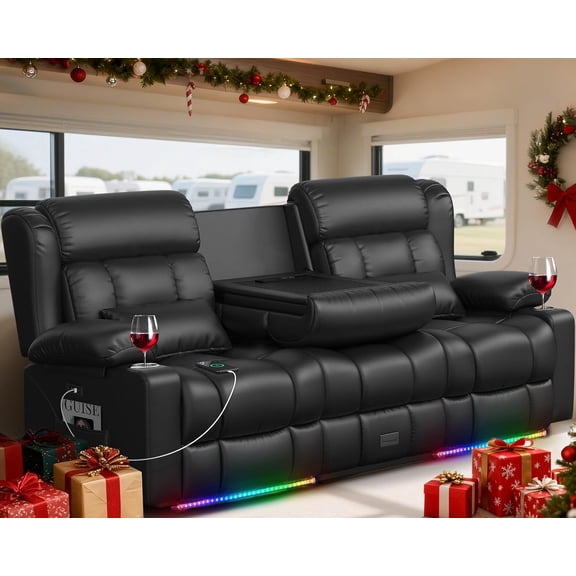 Power Reclining Sofa, 3-Seat Electric Recliner with Center Console, Reversible Backrest, Drawer, Cup Holders, USB, for RV and Living Room, Black PU