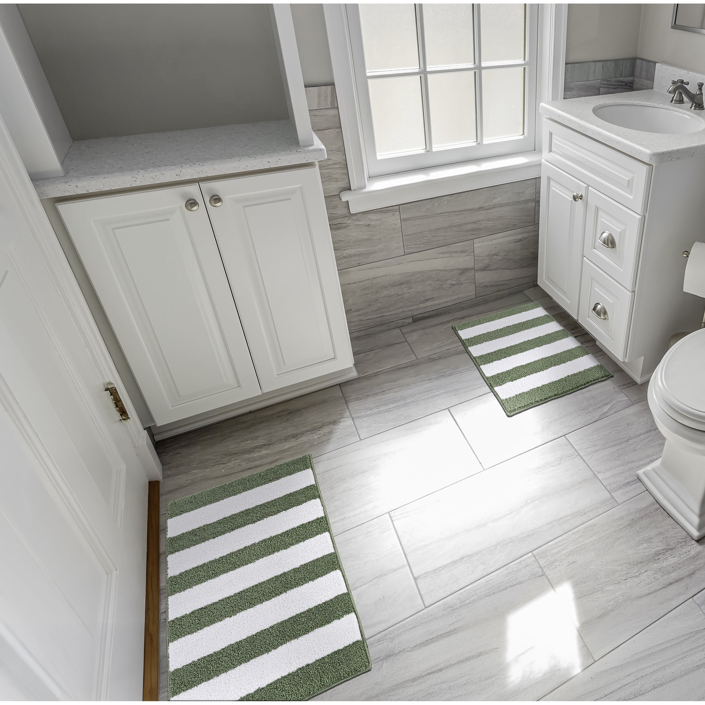 Garland Rug Beach Stripe Washable Bath Rug Set, 2 Piece Set (17"x24" Bath Rug, & 21"x34" Bath Rug) Deep Fern