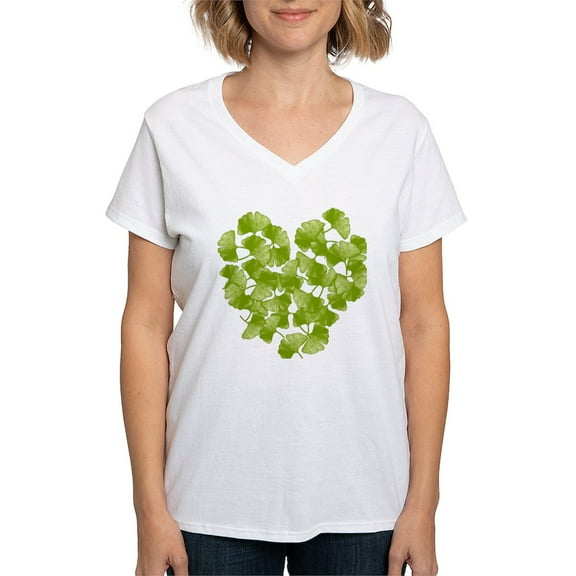 CafePress - Ginkgo Leaf Heart Women's V Neck T Shirt - Womens Cotton V-Neck T-shirt