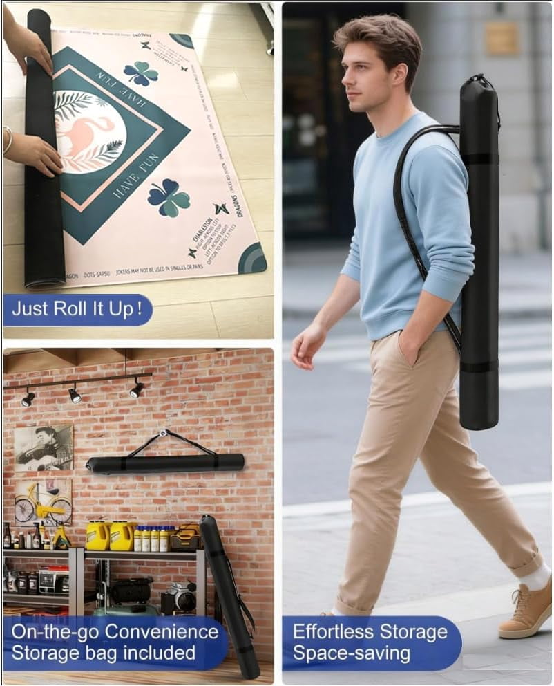 Mahjong Mat Non-Slip 31.5x31.5 Inch | Noise Reduction Game Table Mat with Carrying Bag - for Mahjong (Blue/Four-Leaf Clover)