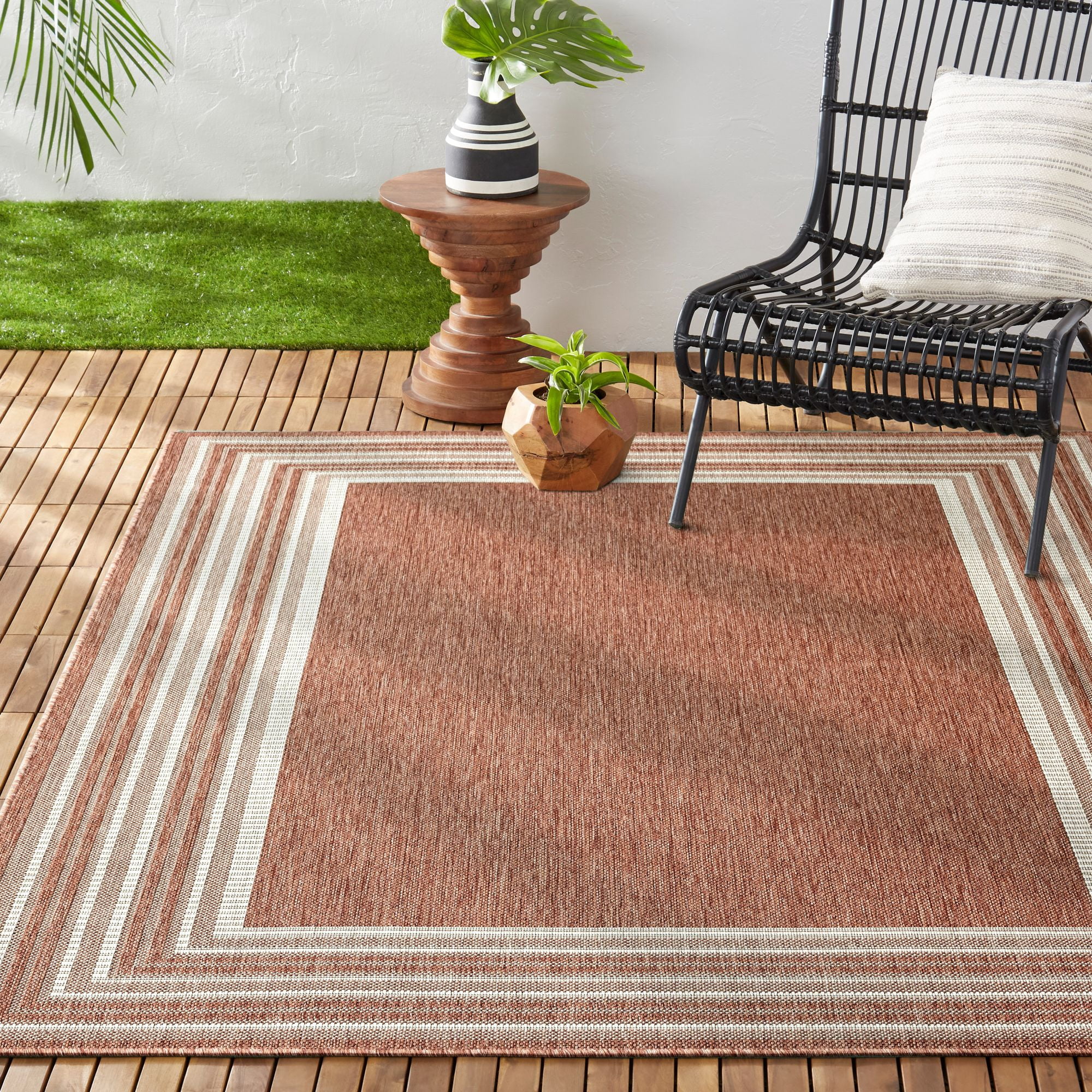 Nicole Miller New York Patio Country Layla Modern Border Indoor/Outdoor Area Rug, Terracotta/Ivory , 7'9"x10'2"