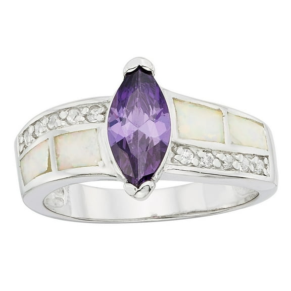 Daily Delight TheJewelryHut Designer Sterling Silver CZ; White Inlay Opal and Marquise Purple CZ Ring