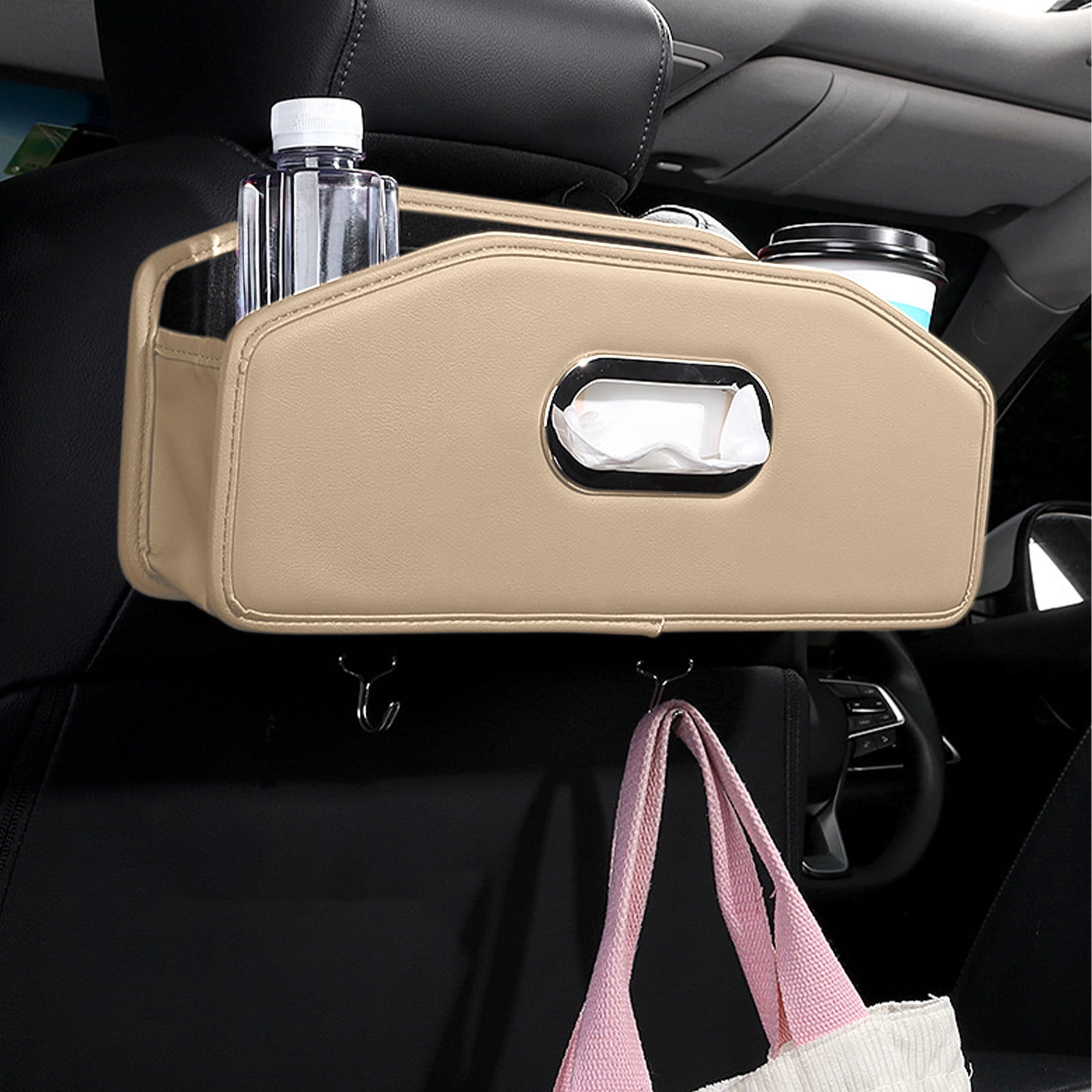 Car Headrest BackSeat Organizer with Cup Holder and Paper Towel Case - Hangable Storage Box for Car Backseat, Interior Decoration, Multifunctional Auto Travel Accessories