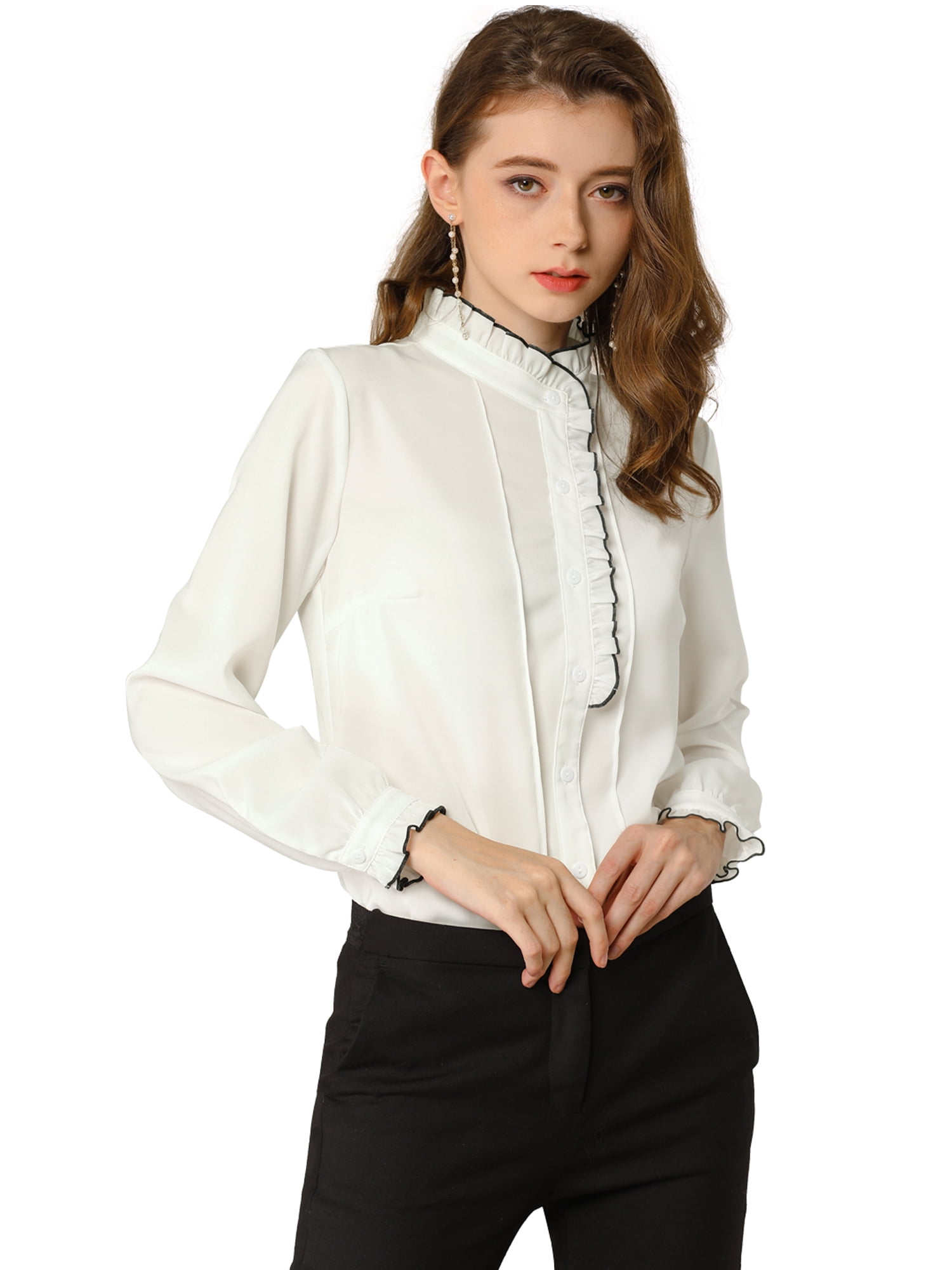 Allegra K - Allegra K Junior's Ruffled Button Down Long Sleeve Shirts Blouse - Walmart.com 