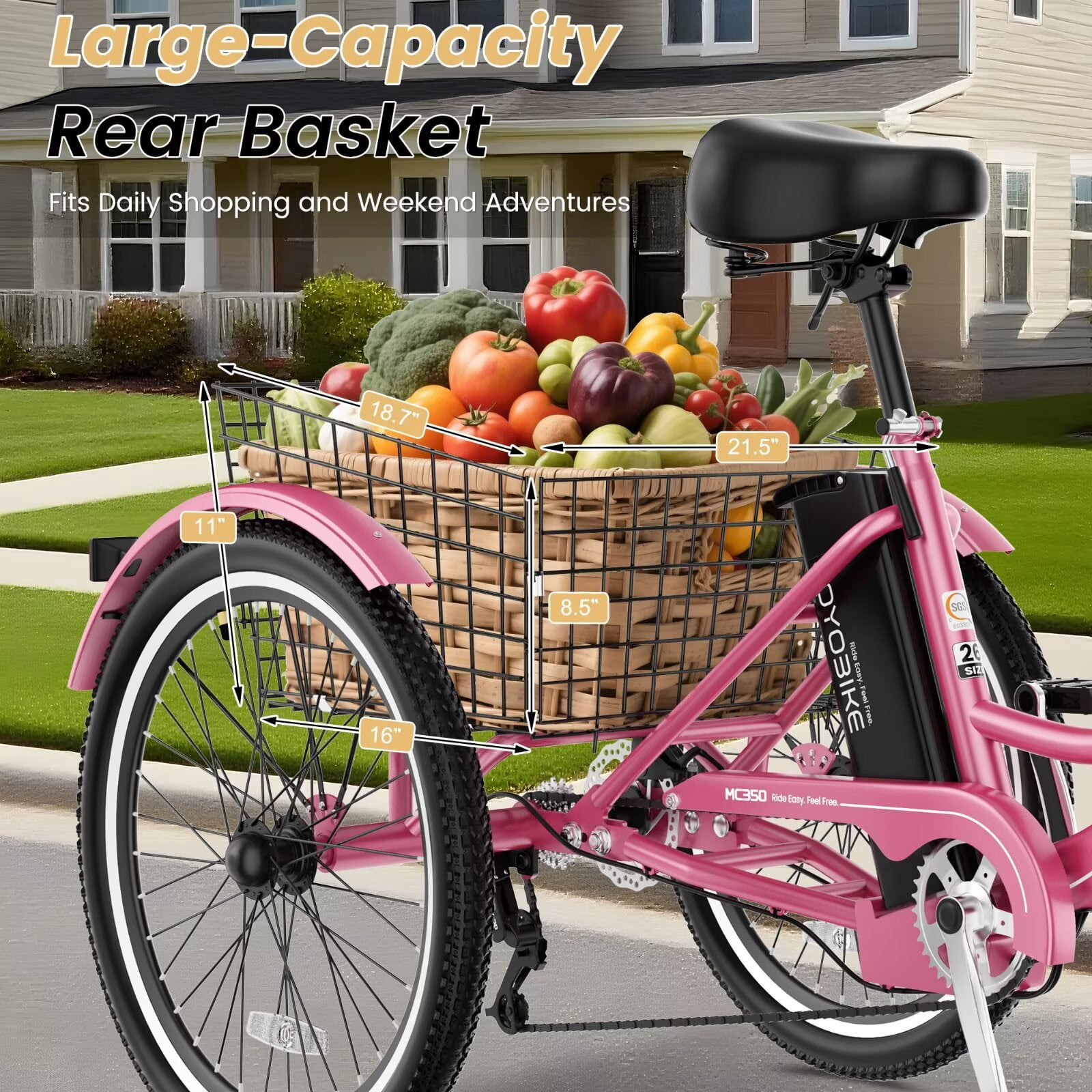 MOONCOOL 24"/26" Adult Electric Tricycle W/ Chain lock, Peak 700W 36V 10.4AH, 7 Speeds Step Through Electric Trike Motorized Three Wheel Electric Bikes w/ Large Basket for Women Men