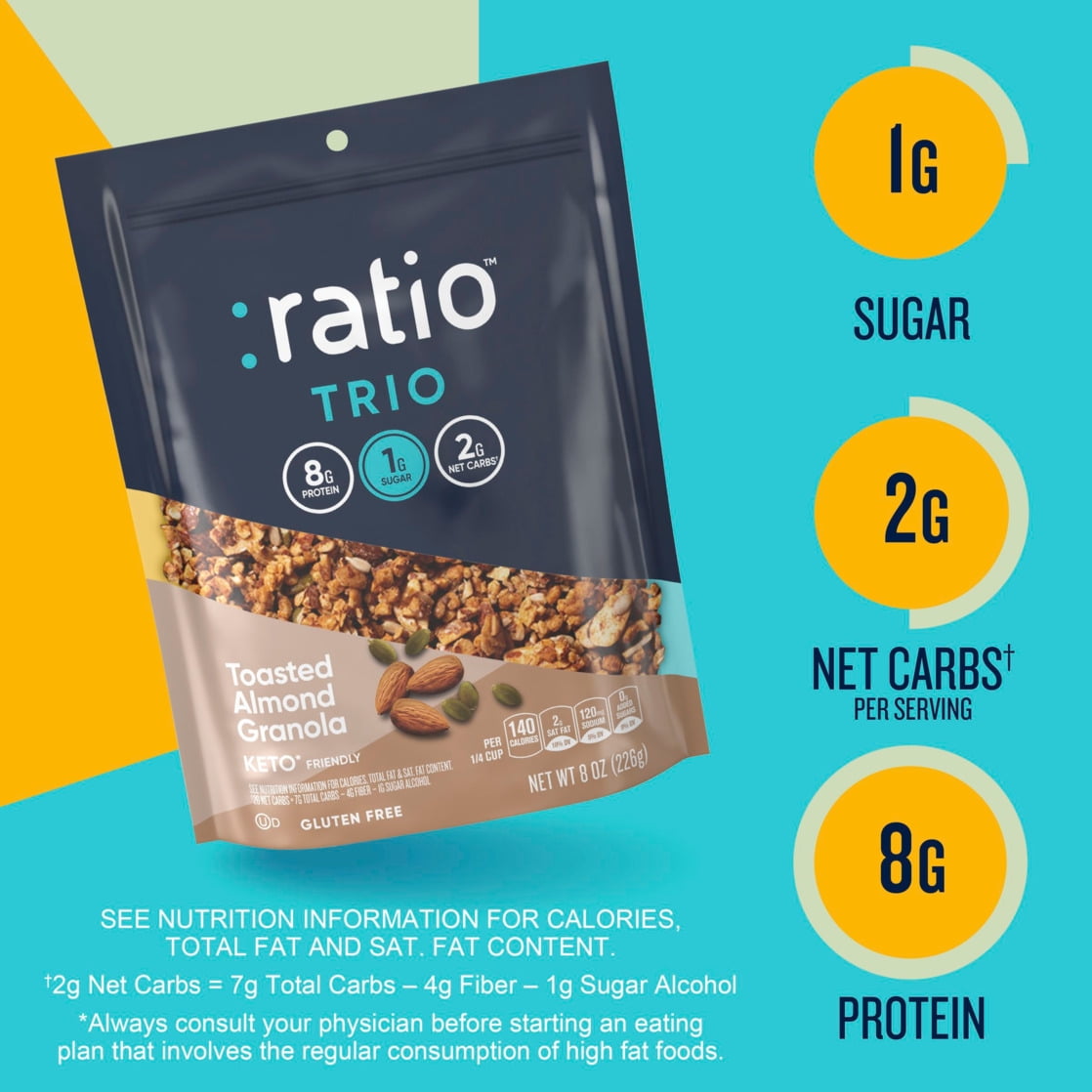 Ratio Trio Toasted Almond Granola Cereal, 1g Sugar, Keto Friendly, 8 oz Resealable Bag