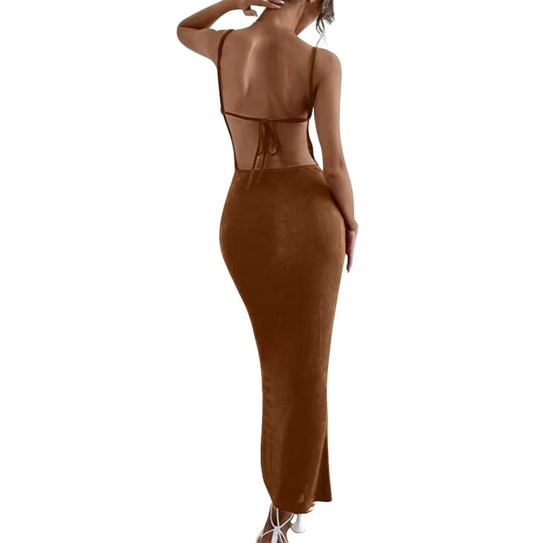 Pgeraug Fall Dresses for Women 2024 Out Maxi Spaghetti Strap Low Cut Cami  Bodycon Party Formal Sundress Dresses for Women 2024 Brown M 