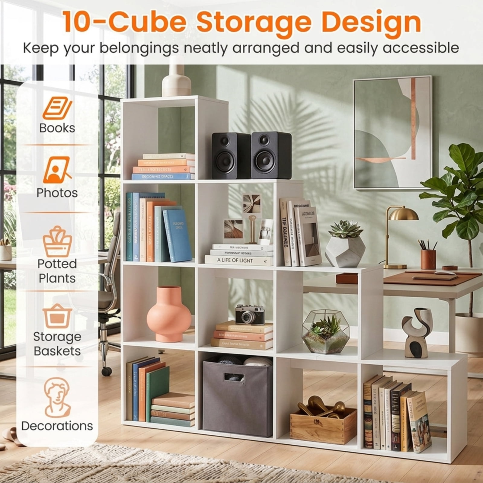 Furnibear 4-Tier Tall White Bookshelf with 10 Open Cubes Anti-Tipping Kits and Screw Hole Covers for Home Office and Living Room, White