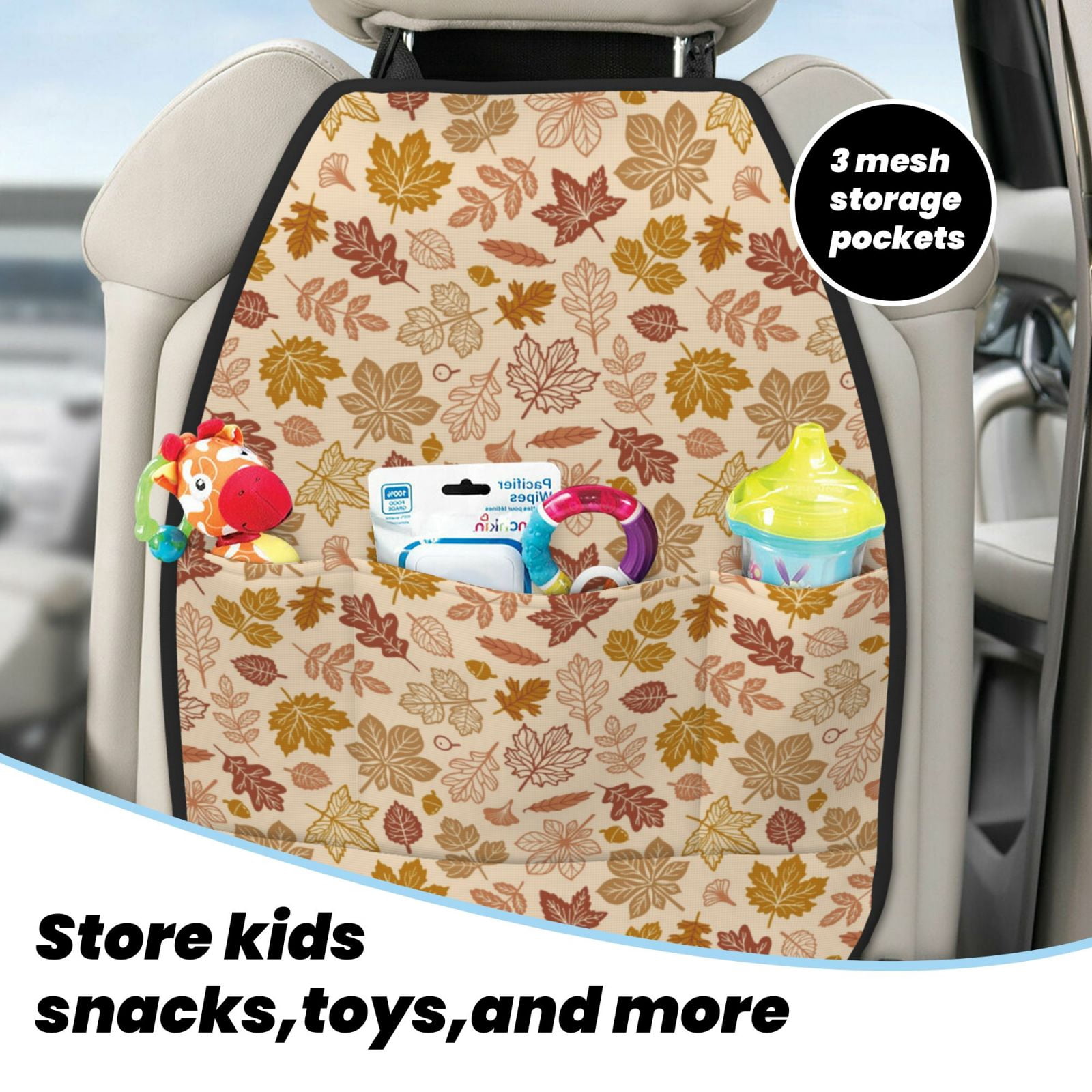Xecao Fall Leaves Pattern Car Seat Back Protector 2 Pack Large Capacity Pocket, Kick Mats Back Seat Protector