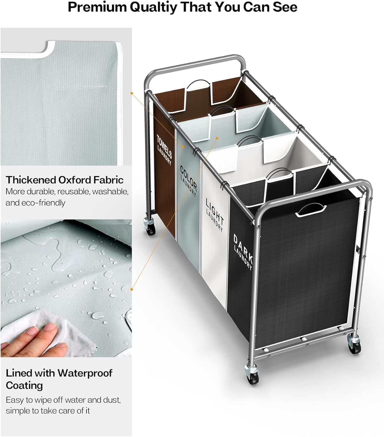 Laundry Hamper Sorter Cart: 4-Section Organizer with Heavy-Duty Lockable Wheels and Removable Bags | 172L Rolling Laundry Basket for Dirty Clothes in Laundry Room or Small Spaces (Multicolor)