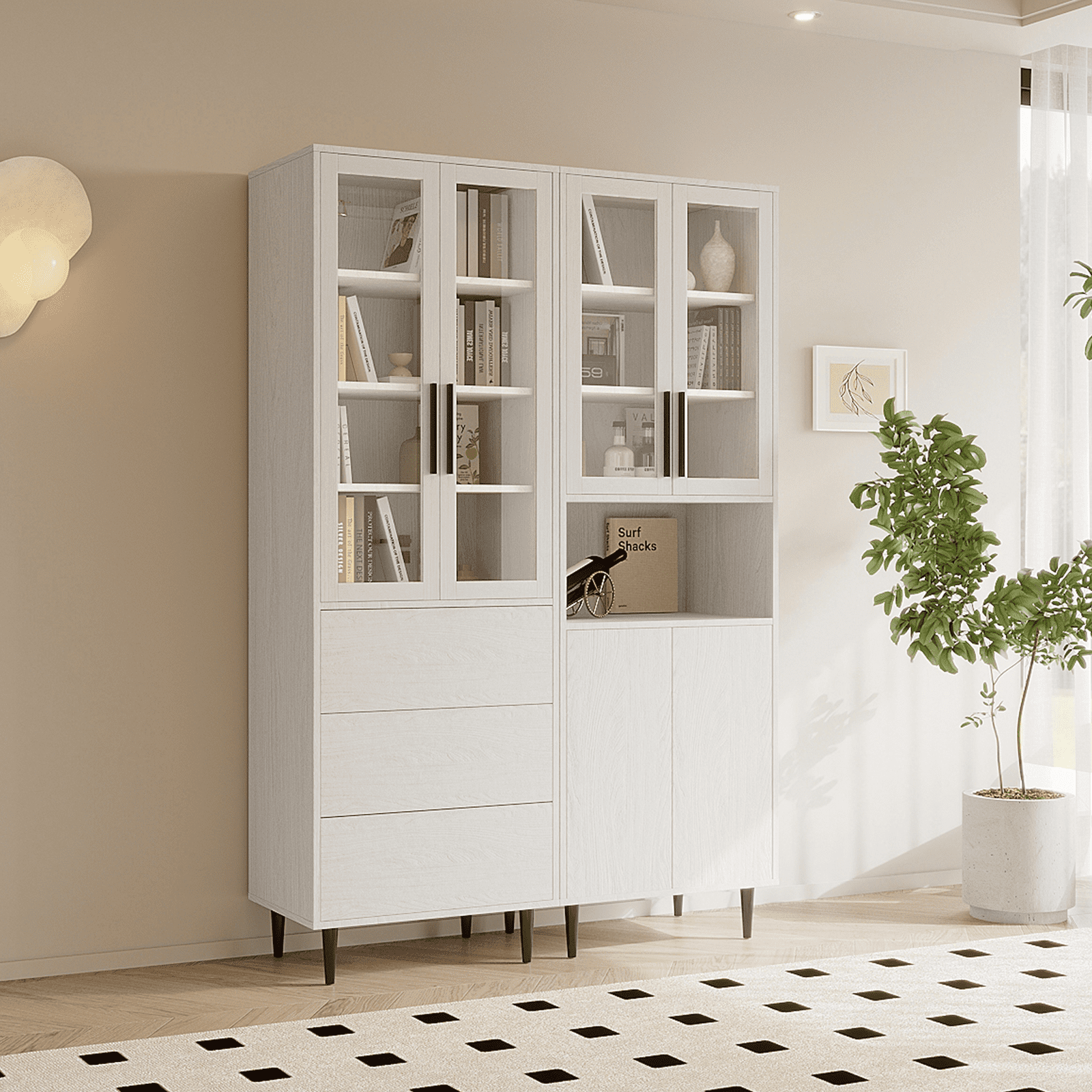 RichYa 71"H Tall Bookcase with Glass Door,4 Doors Display Bookshelf with Metal Legs,6 Tier Storage Cabinets for Living Room,Home Office,White
