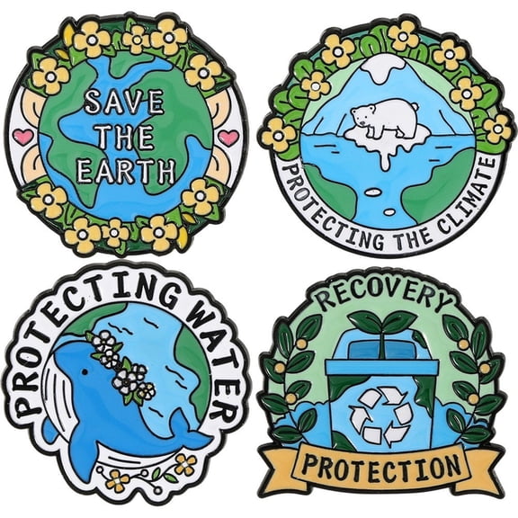 Jiibva 4Pcs Happy Earth Day Brooches Metal Pin Badges Fashion Lapel Pins for Casual Clothes Scarf Suit Backpack Accessories