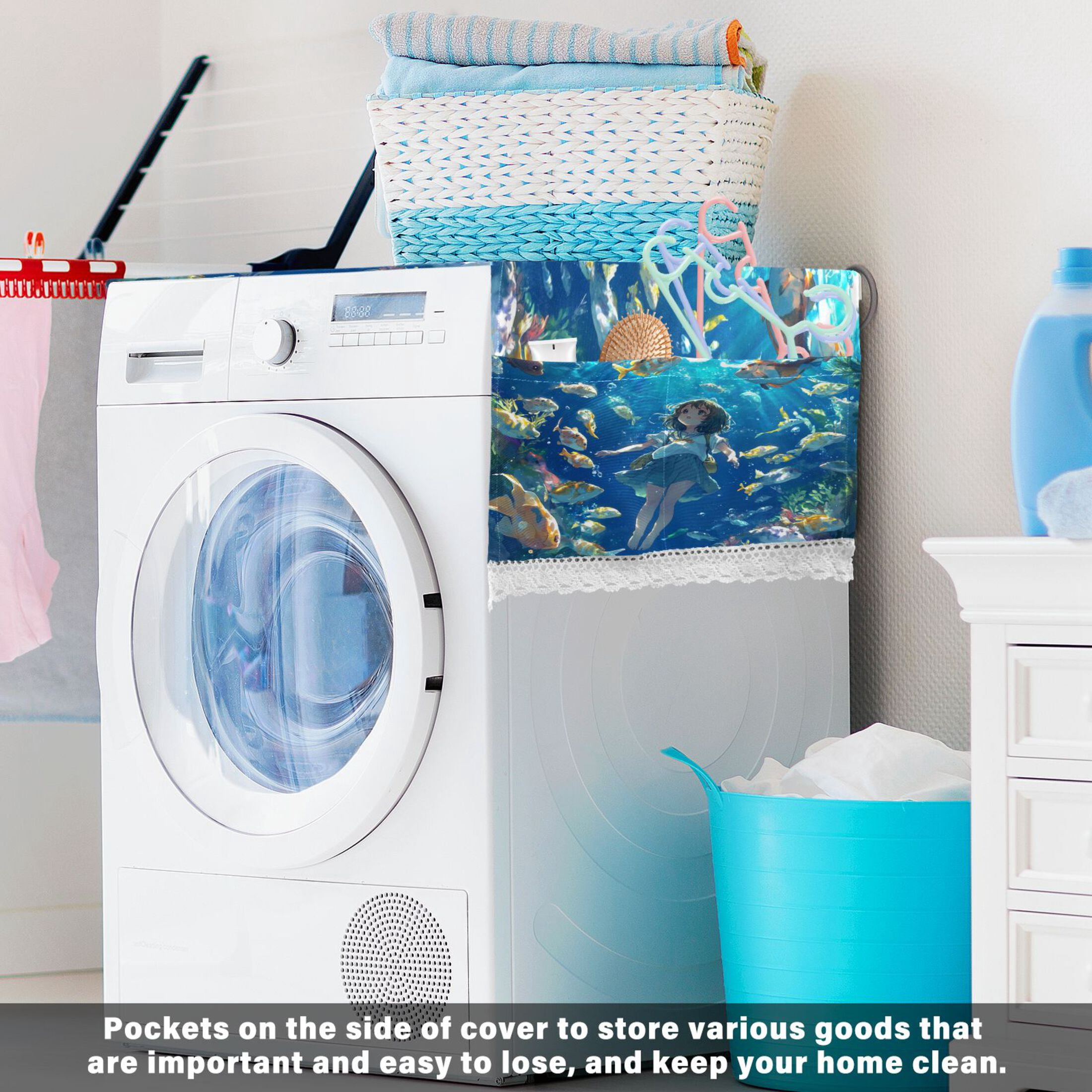 An Undersea World GirlWasher and Dryer Covers Dust-Proof and Oil Resistant Fridge Cover with 4 Storage Pockets Washing Machine Top Cover for Laundry Kitchen Home 51.2 x 22 In