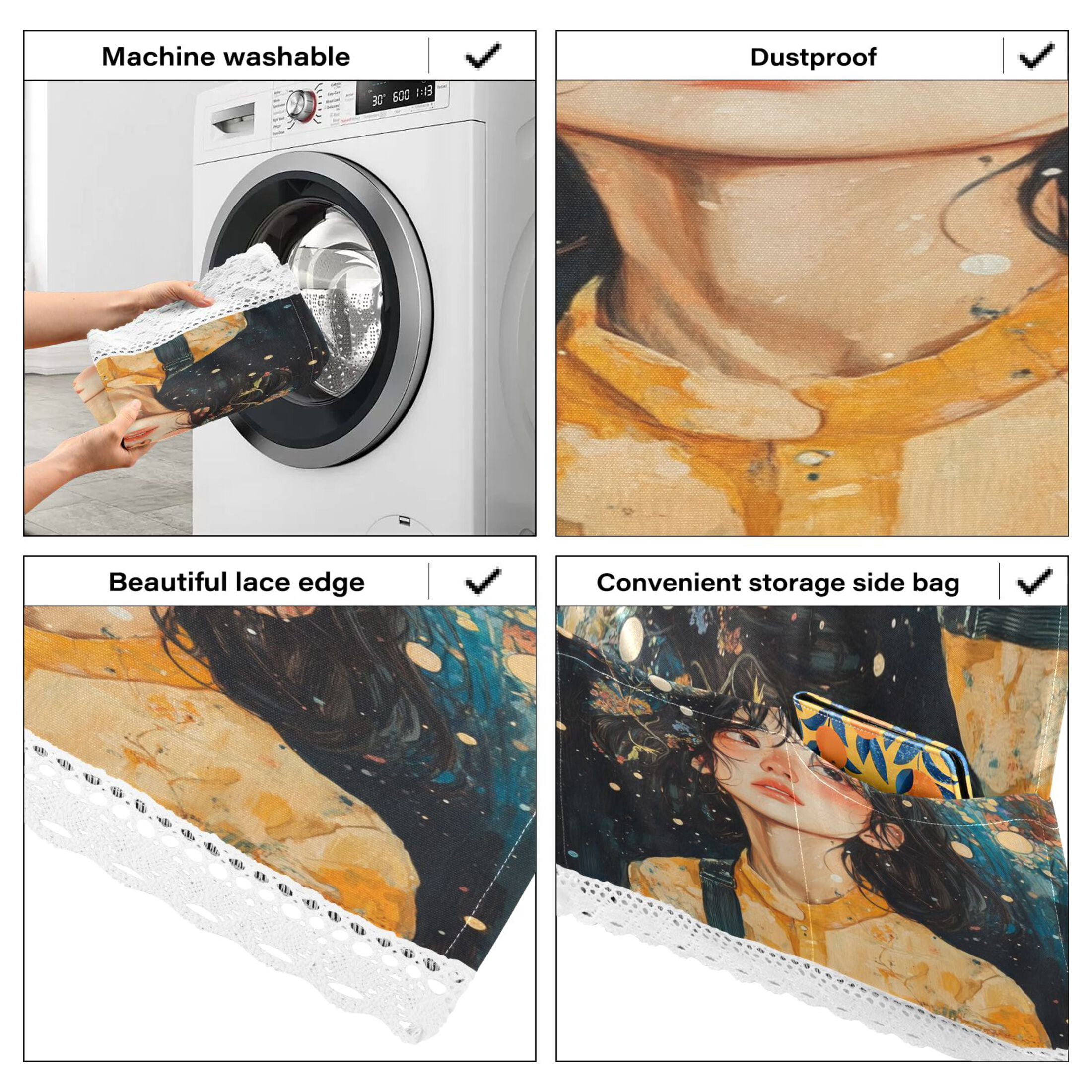 Black Hair GirlWasher and Dryer Covers Dust-Proof and Oil Resistant Fridge Cover with 4 Storage Pockets Washing Machine Top Cover for Laundry Kitchen Home 51.2 x 22 In