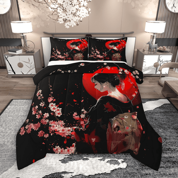 Manfei Chic Geisha Bedding Comforter Set 2pcs, Anime Girl Twin Comforter Sets, Japanese Cherry Blossoms Bedding Set, Black Red Breathable Home Decor
