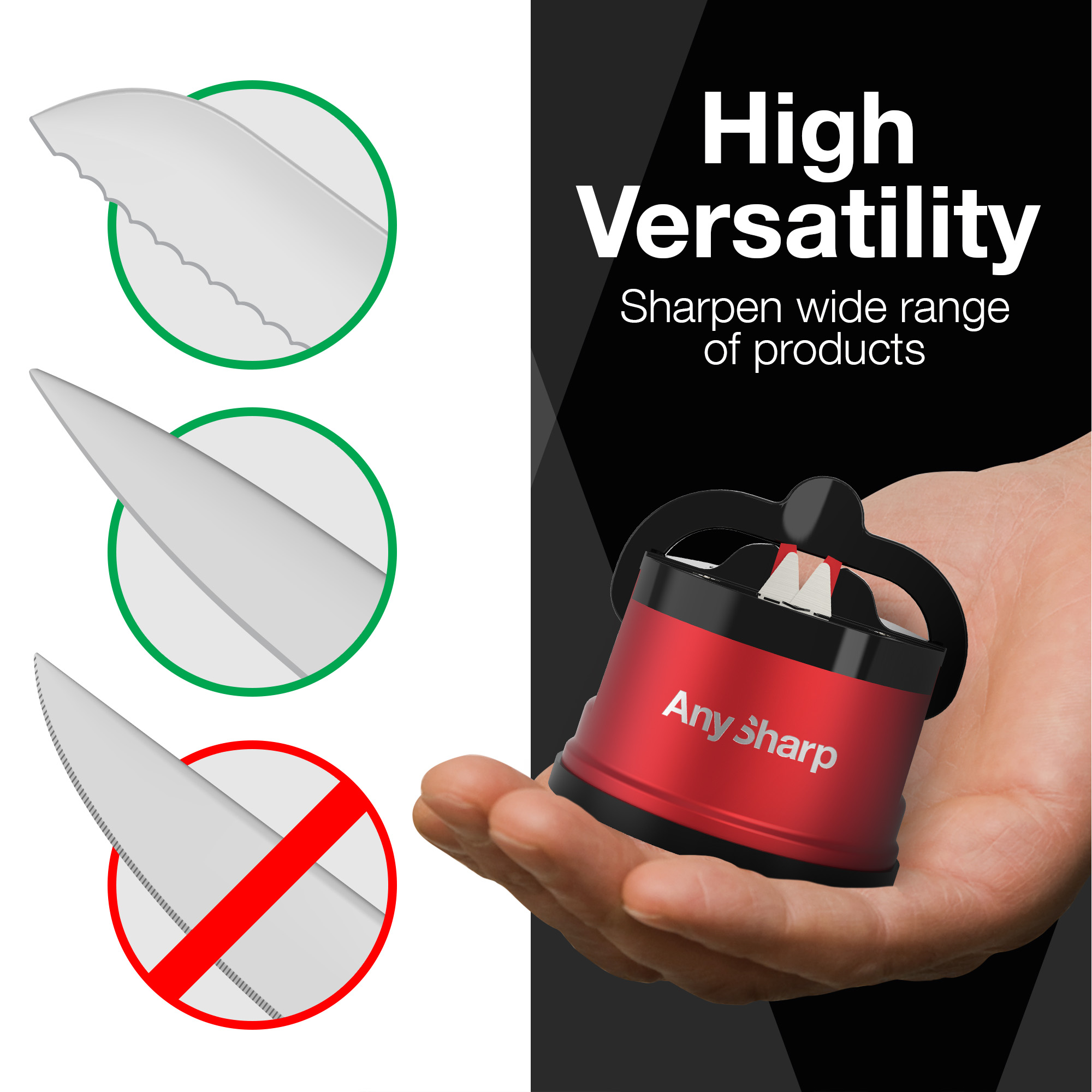 AnySharp Knife Sharpener, Hands-Free Safety, PowerGrip Suction, Sharpens All Kitchen Knives, Red