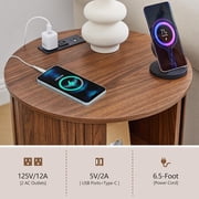18 Inch Nightstands Set of 2, Fluted Round Wood Nightstand with Charging Station, Small End Table for Living Room, Sliding Door Round Side Table with Storage for Bedrrom (18 inch, Walnut)