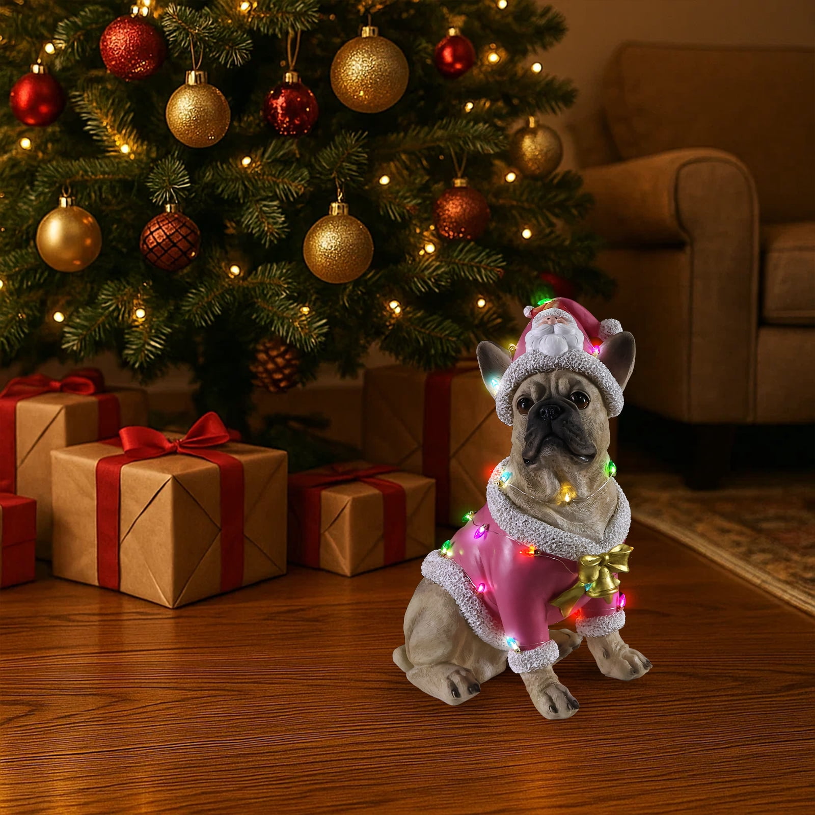 French Bulldog Pink Santa Outfit Christmas Dog Statue with Gold Bow Holiday Tabletop Decor