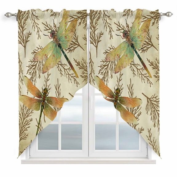 Vintage Dragonfly Swag Curtains for Kitchen/Bedroom/Living Room, Vintage Brown Tree Branch Scalloped Curtains 63 Inch Long, Rod Pocket Window Swag Topper Curtains Valances 2 Panels Set 36"x63"