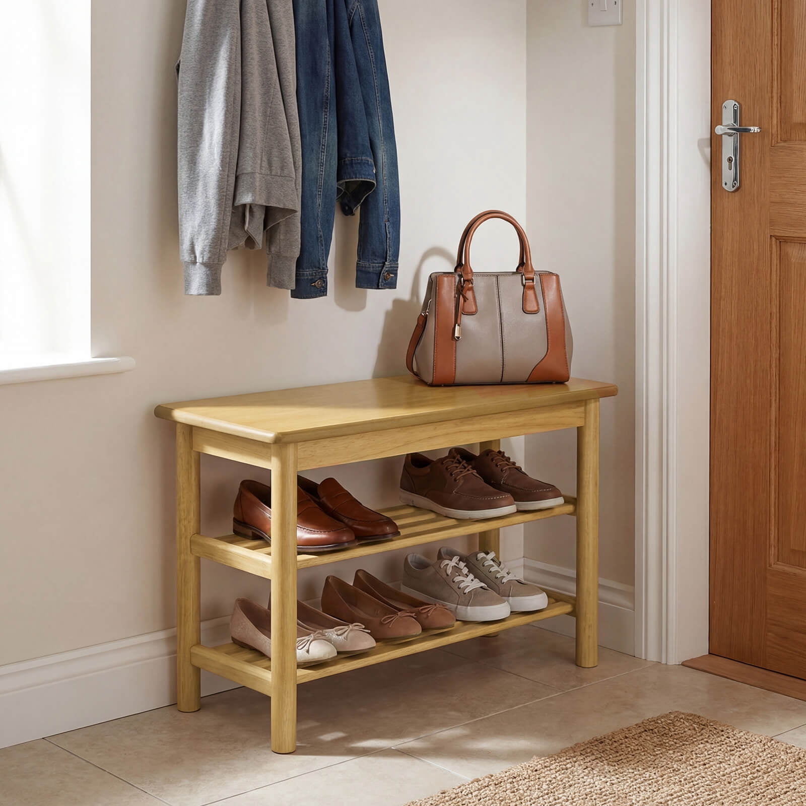 Costway Shoe Rack Bench,3-Tier Rubberwood Freestanding Shoe Changing Bench with Slat Shelve