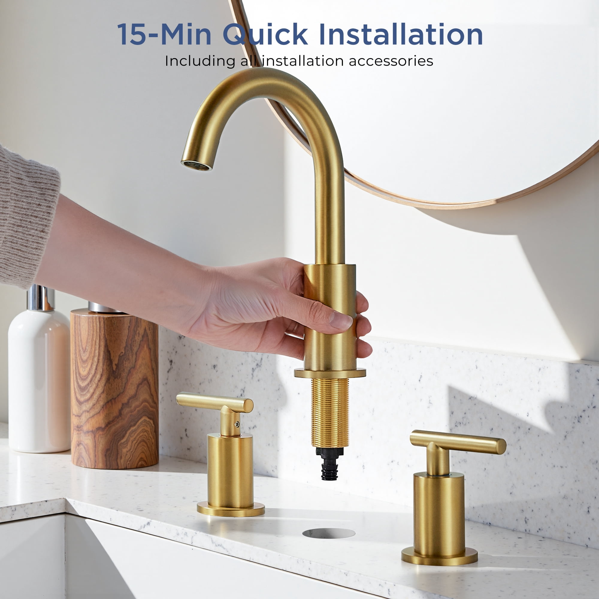 TVOFEK 8 inch Widespread Bathroom Faucet, 3 Hole Brushed Gold Sink Faucets with Metal Drain and Supply Lines, Stainless Steel Lead-Free for Vanity, RV, Farmhouse