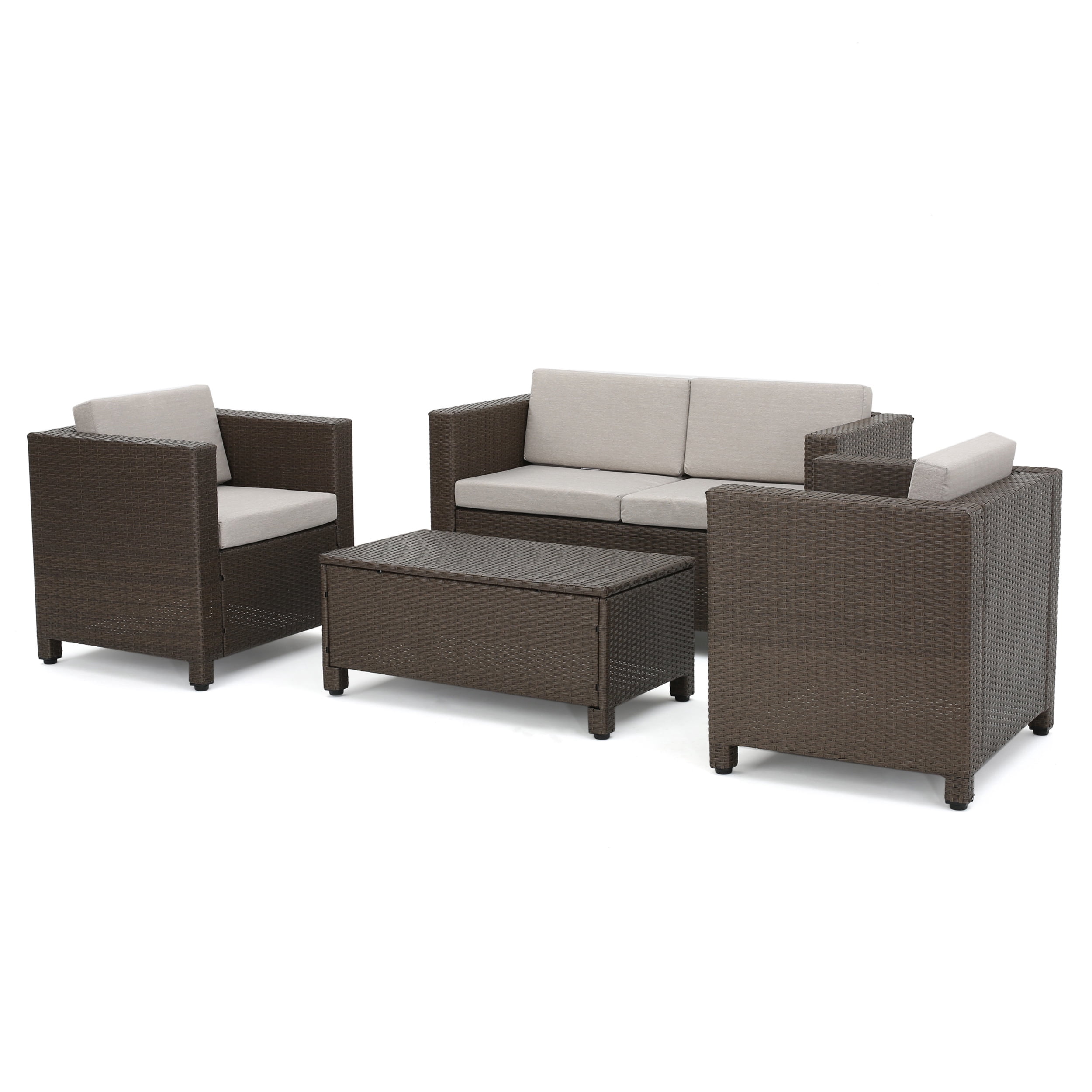 Cascada 4 Piece Wicker Chat Set with Cushions and Cover, Brown, Ceramic Grey