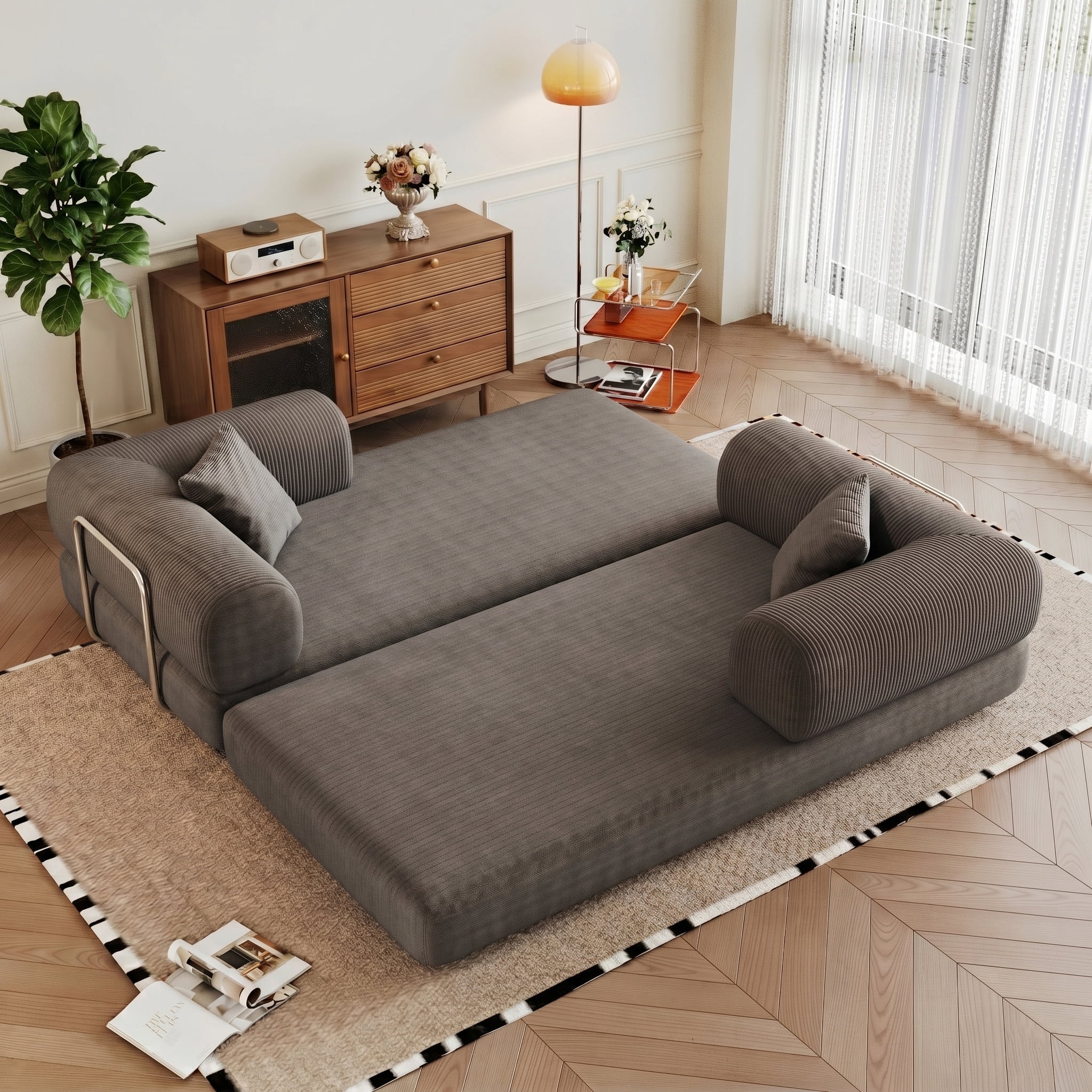ANPPORT Convertible Sleeper Sofa Bed with Cylindrical Pillow, Corduroy Folding Mattress Couch with Fixed-Shape Frame, Floor Sofa Lounge Couch, Grey