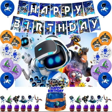 Astro Bot Birthday Party Decorations, Backdrop, Happy Birthday Banner, Latex Balloons, Cake Topper, Cupcake Toppers Video Game Decor-Chengyu