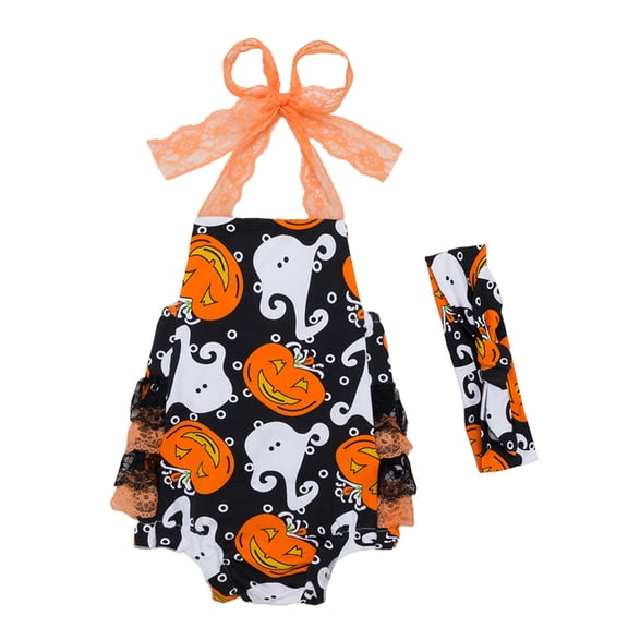StylesILove Newborn Baby Girl Backless Halter Ruffle Romper with Headband 2 pcs Halloween Costume Outfit Set (66/Newborn)