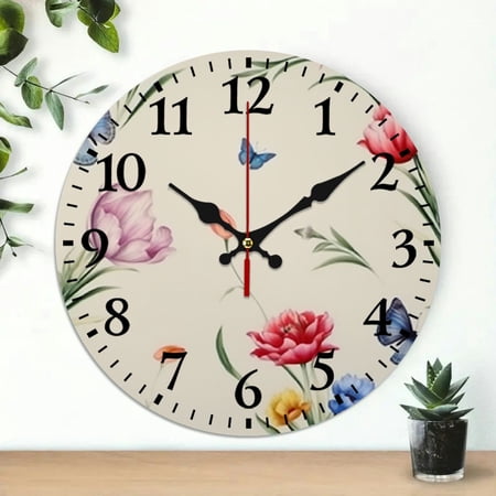 Pratyus Flowers Butterfly Wall Mount Clock 10 inches Decorative Frameless Analog Clock for Living Room, Bedroom, Kitchen - Silent, Battery Operated 10x10in