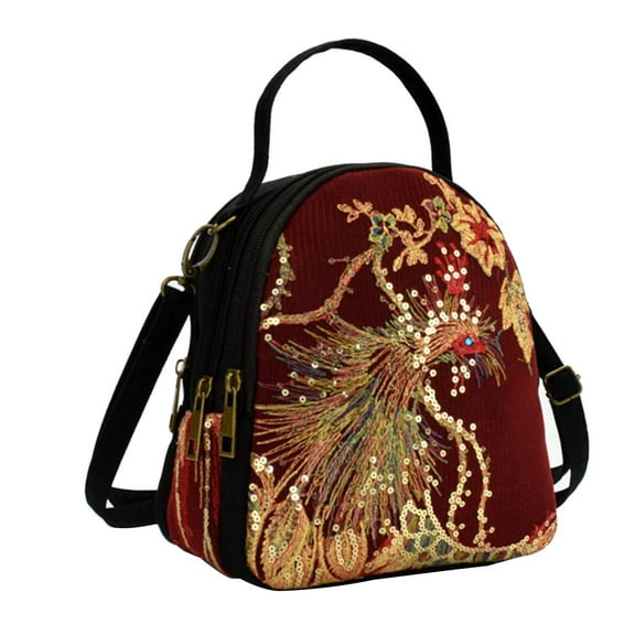 Herrnalise New Wind Embroidered Bag Canvas Peacock Embroidery Middle-aged Shoulder Portable Package Women Bags Clearance under $10