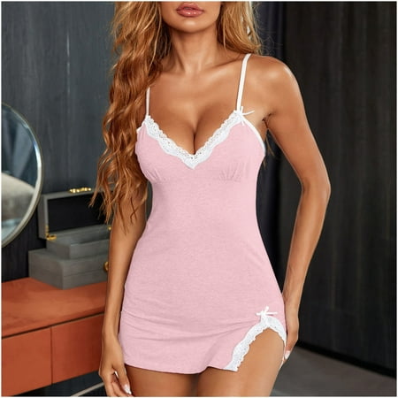 

Womens Comfy Cotton Pajama Lace Trim Full Slip V-Neck Split Under Dresses Sexy Chemise Nightgown Sleepwear