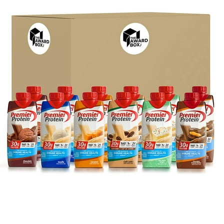 Premier Protein Shake 11 Fl. Oz Each Cafe Latte, Chocolate, Vanilla, Caramel, Cake Batter, Chocolate Peanut Butter - 2 of Each Flavor -12 Pack in The Award Box Packaging