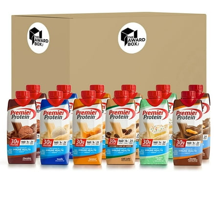 Premier Protein Shake 11 Fl. Oz Each Cafe Latte, Chocolate, Vanilla, Caramel, Cake Batter, Chocolate Peanut Butter - 2 of Each Flavor -12 Pack in The Award Box Packaging