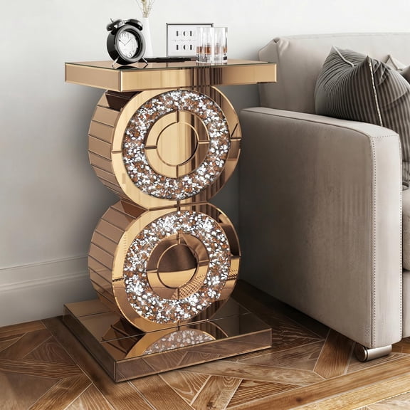 Tea-Colored Crushed Diamond Mirrored End Table, Unique Side Table with Crystal Inlay, Coffee Table for Living Room