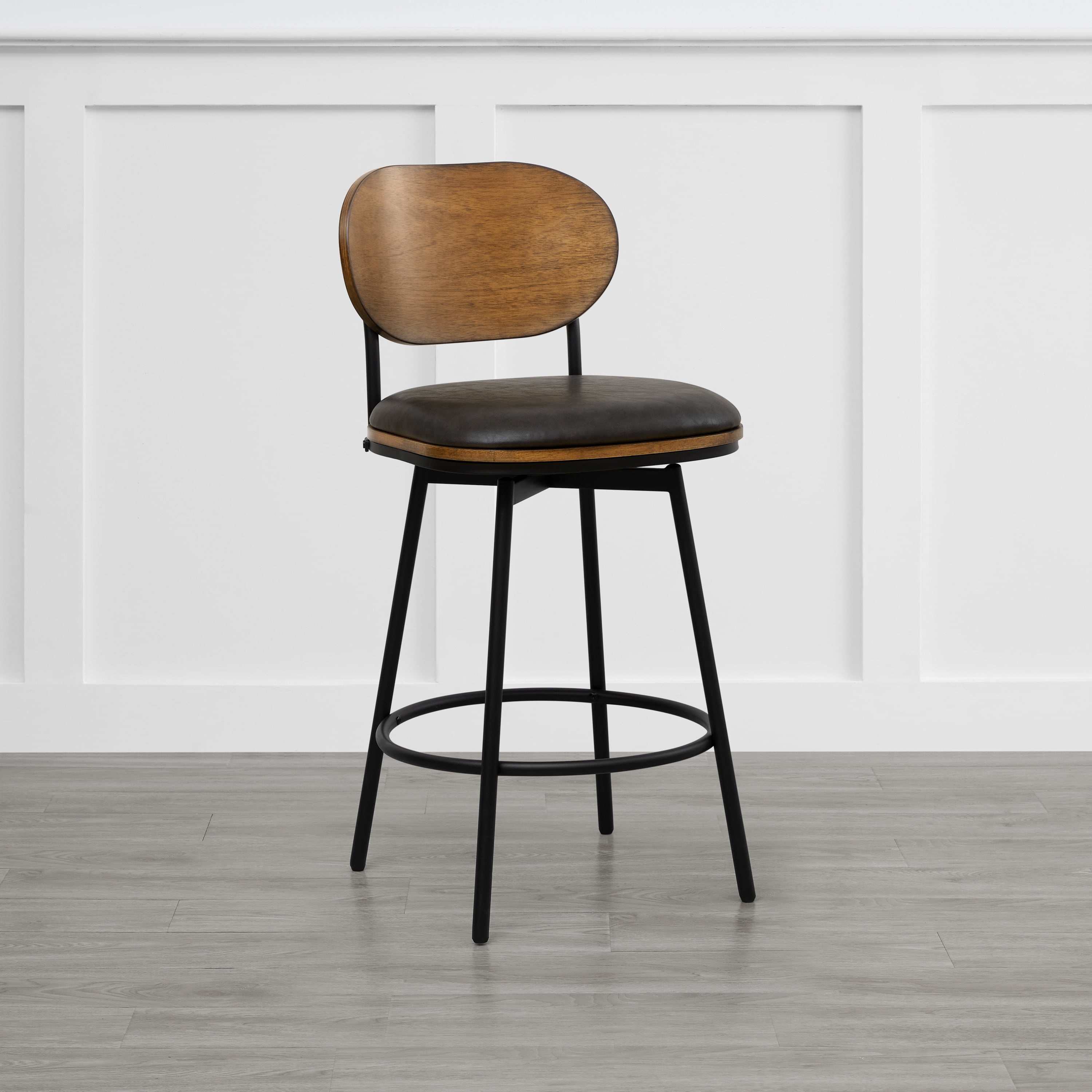 Spruce & Spring Counter Height Swivel Bar Stool with Wood Back and Metal Legs Set of 2, Dark Grey